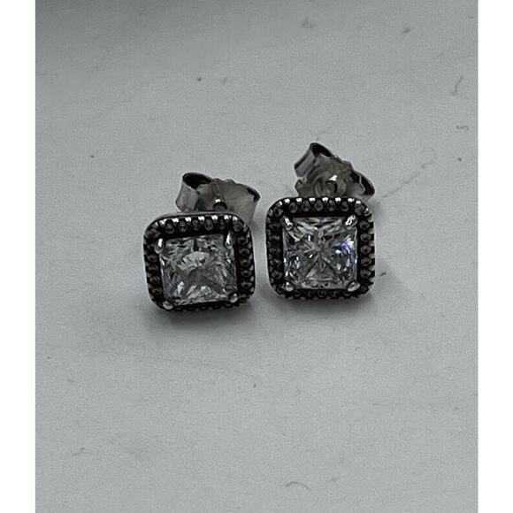 Pandora Timeless Elegance Sterling Silver Square Halo CZ Sparkle Stud Earrings - Picture 7 of 11